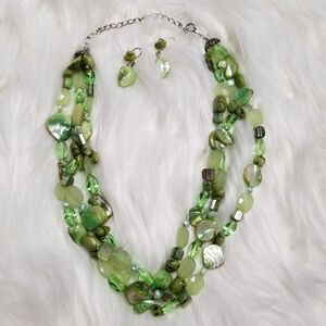 Green Brown Glass & Stone Beads Necklace Set